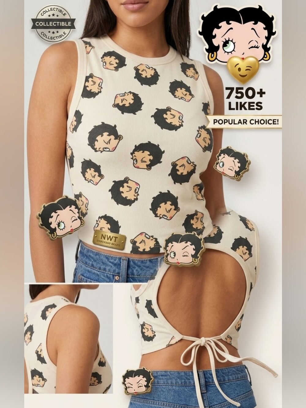 NWT Betty Boop Cream Open-Back Graphic Tank Top